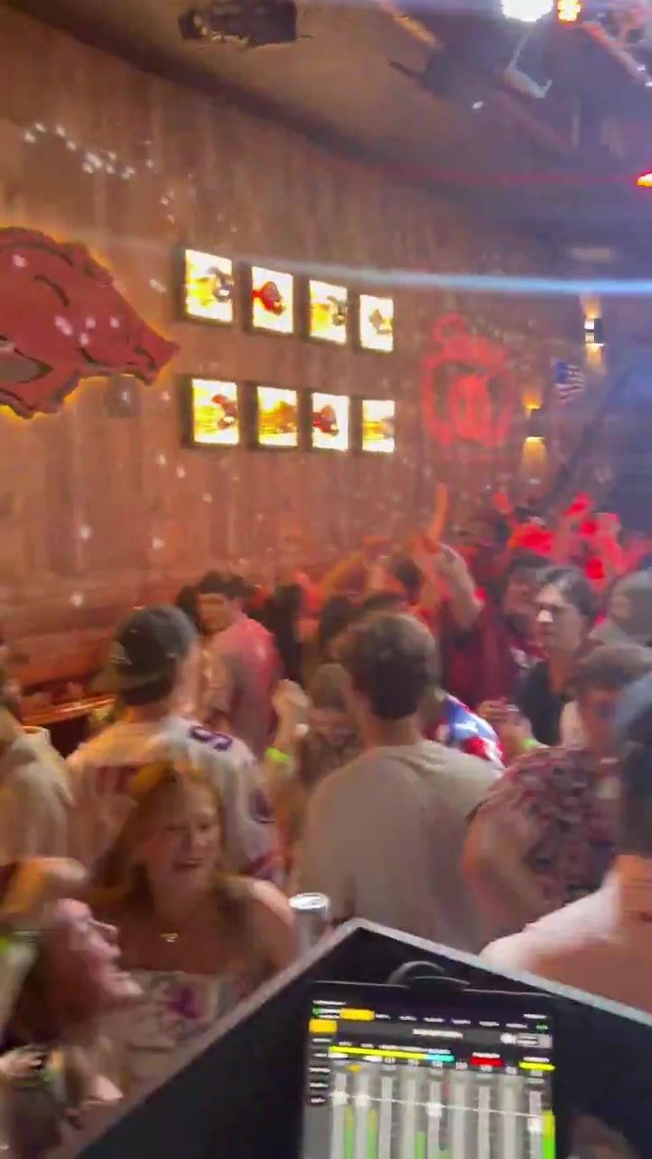 Razorback crowd in front of the DJ booth on game day